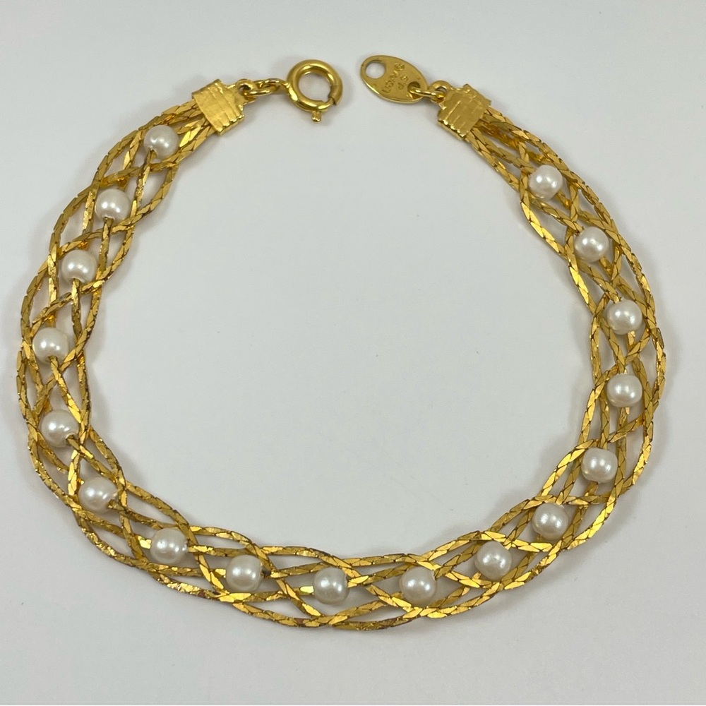 Vintage Avon Gold Tone Braided Chain Faux Pearl Bracelet Elegant Fashion Bridal